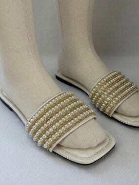 OYOANGLE Women's Pearl Bead Square Open Toe Slide Sandals Summer Indoor Outdoor